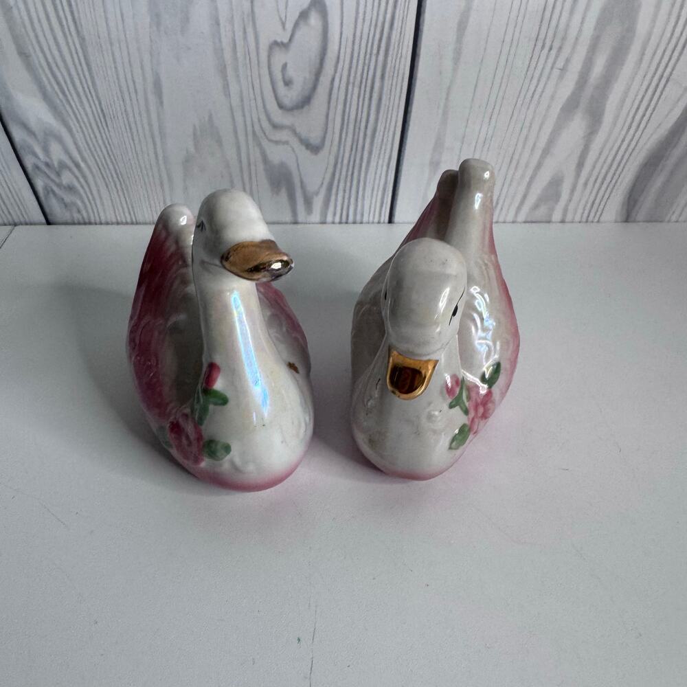 Vintage Porcelain Swan Pair Figurine with Floral and Gold Accents